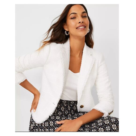 Ann Taylor Winter White Fringe Tweed Newbury Blazer Jacket Sz.18 NWT - Picture 1 of 12